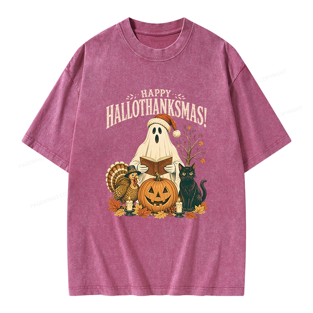 Pagewings Happy Hallothanksmas Unisex Washed T-shirt