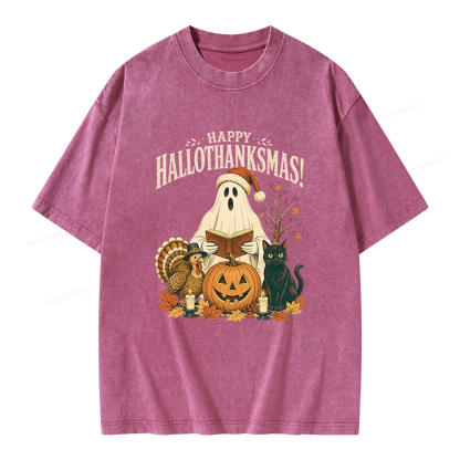 Pagewings Happy Hallothanksmas Unisex Washed T-shirt