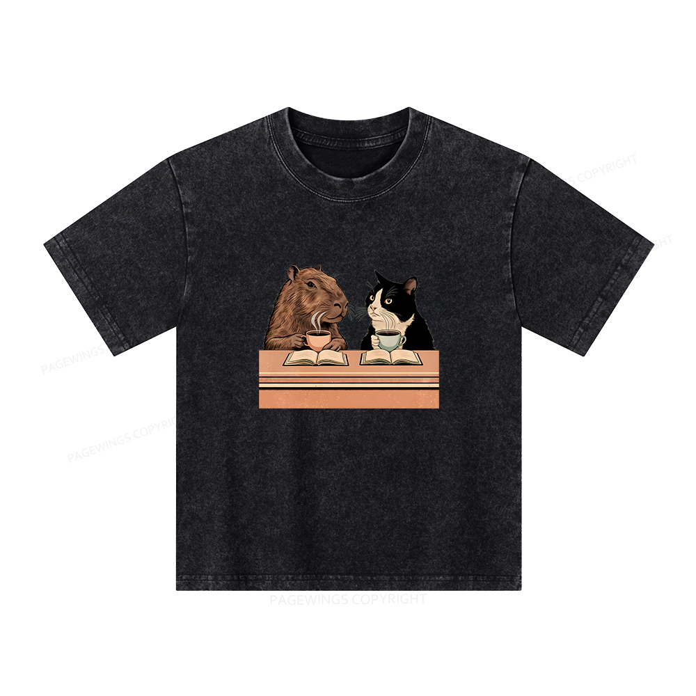 Pagewings Capybara and Tuxedo Cat Chilling with Coffee Unisex Kids Washed T-shirt