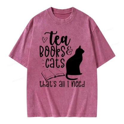 Pagewings Tea Books Cats That's All I Need Unisex Washed T-shirt
