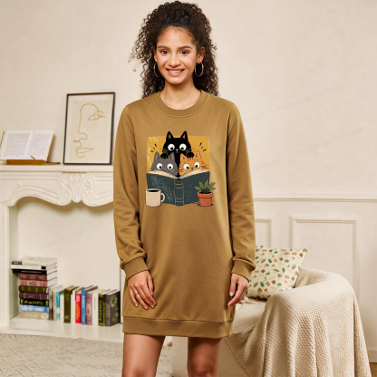 Pagewings Retro Curious Reading Cats Sweatshirt Dress