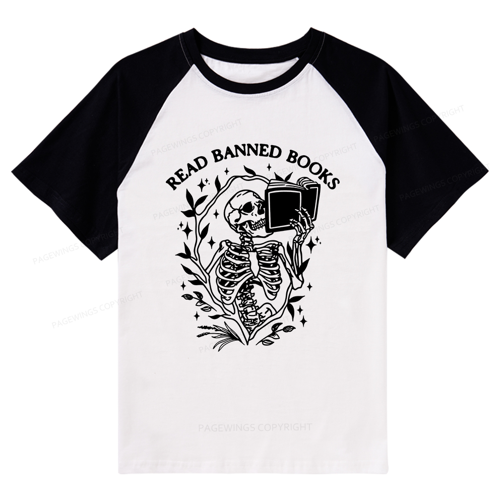 Pagewings Read Banned Books Skeleton Halloween Goth Protest T-Shirt Raglan T-shirt