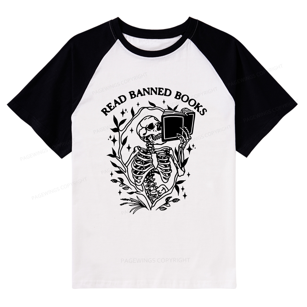 Pagewings Read Banned Books Skeleton Halloween Goth Protest T-Shirt Raglan T-shirt