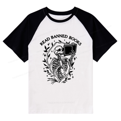 Pagewings Read Banned Books Skeleton Halloween Goth Protest T-Shirt Raglan T-shirt