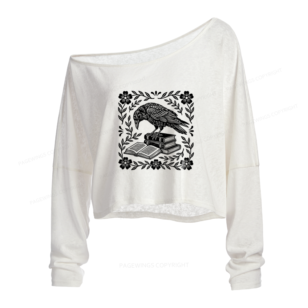 Pagewings Bookish Raven Slouchy Long Sleeve Off Shoulder T-shirt