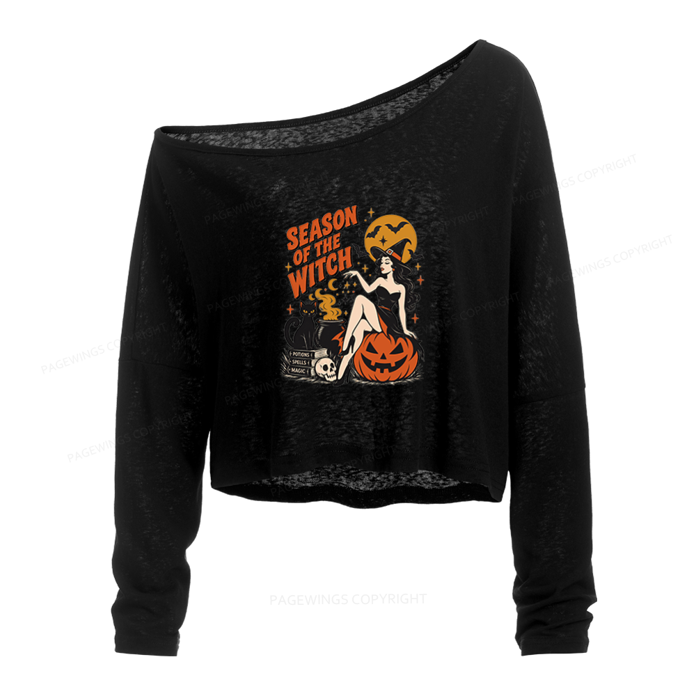 Pagewings Season Of The Witch Slouchy Long Sleeve Off Shoulder T-shirt