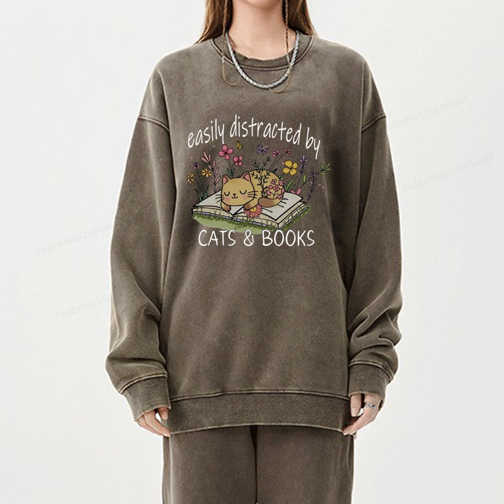 Pagewings Easily Distracted By Cats And Books Unisex Washed Sweatshirt