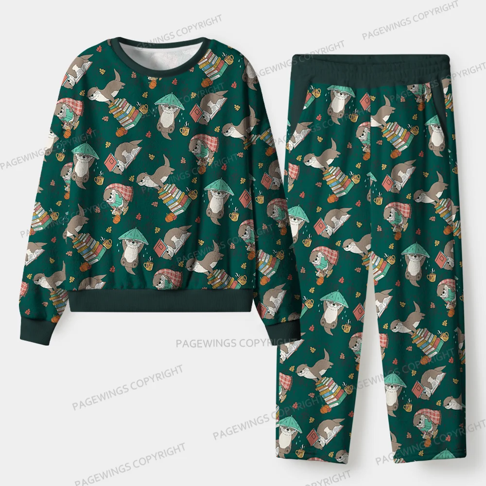 Pagewings Otter Loves Reading Unisex Flannel Pajama Set