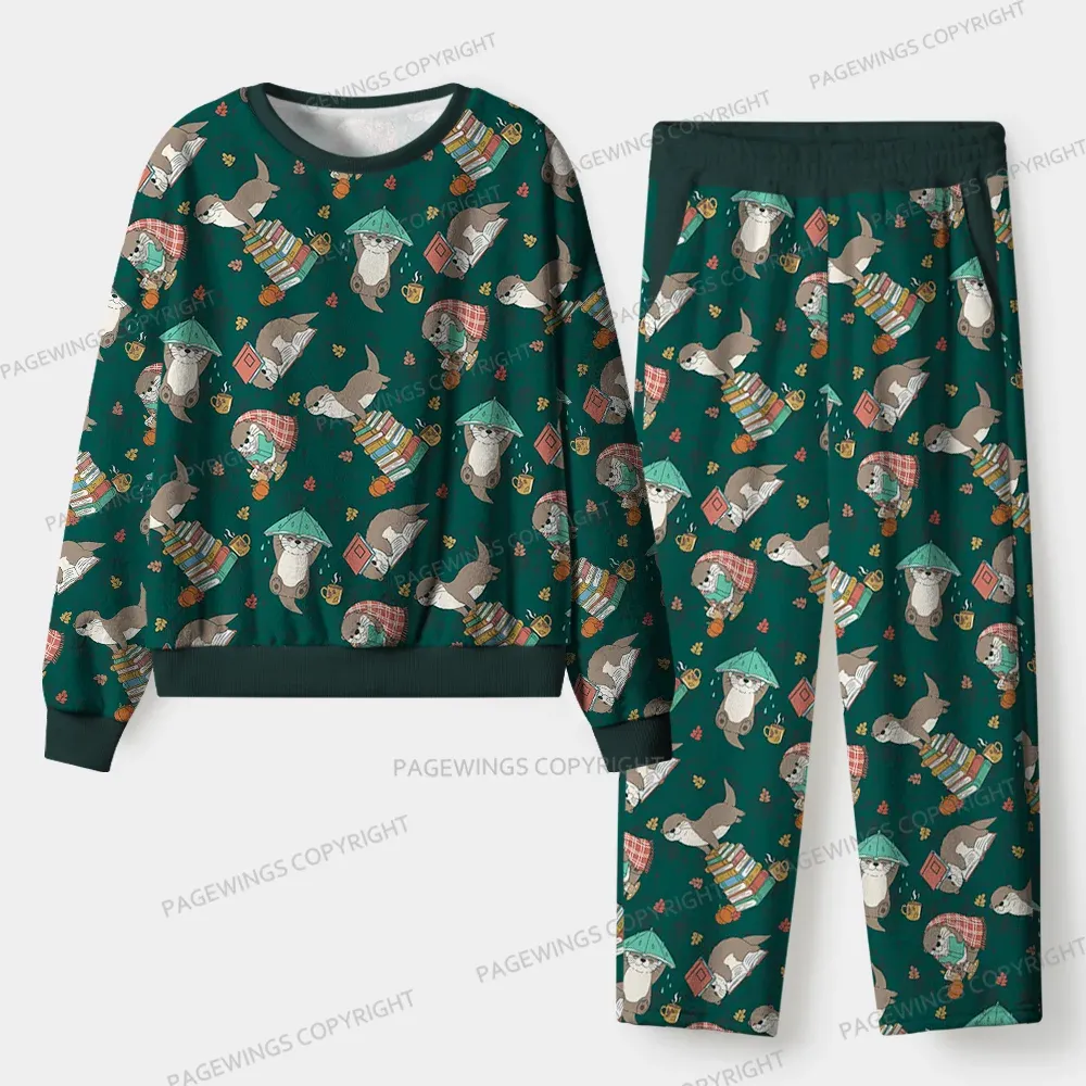Pagewings Otter Loves Reading Unisex Flannel Pajama Set