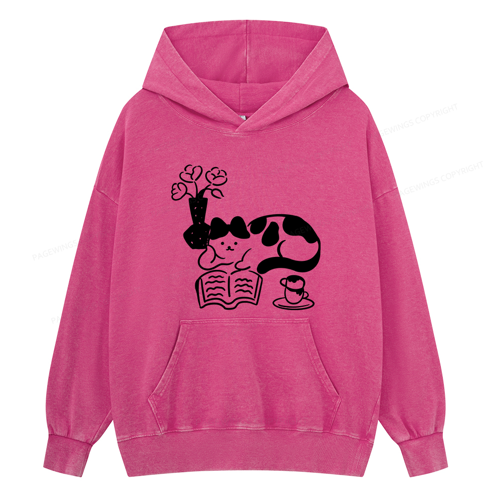Pagewings The Cat Who Loves Reading Unisex Washed Hoodie