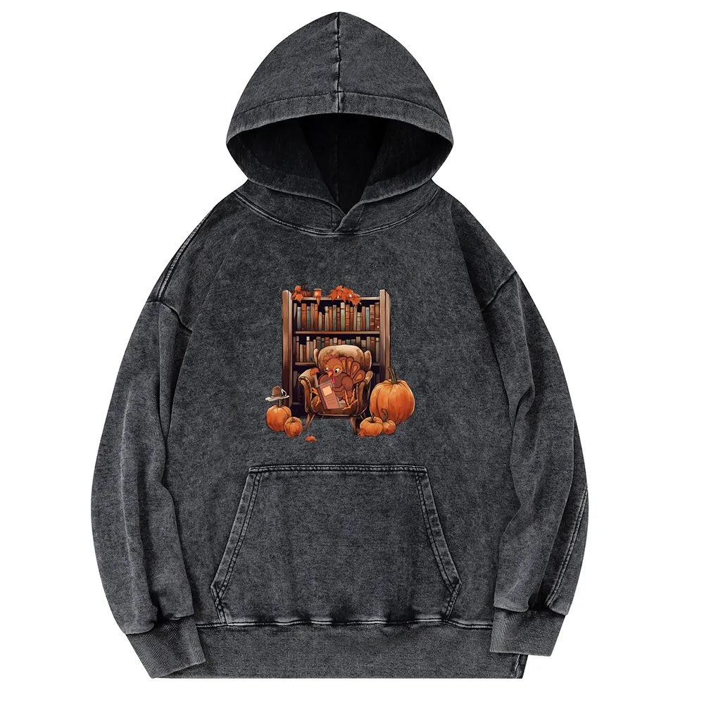 Pagewings Thanksgiving Turkey Reading Unisex Washed Hoodie
