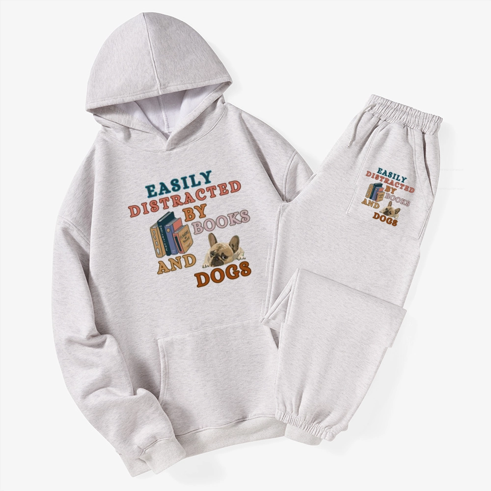 Pagewings Easily Distracted By Books And Dogs Unisex Fleece Hoodie Set