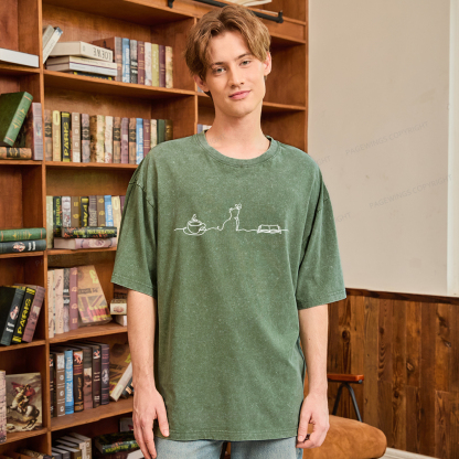 Pagewings Coffee Cats And Books Lover Unisex Washed T-shirt