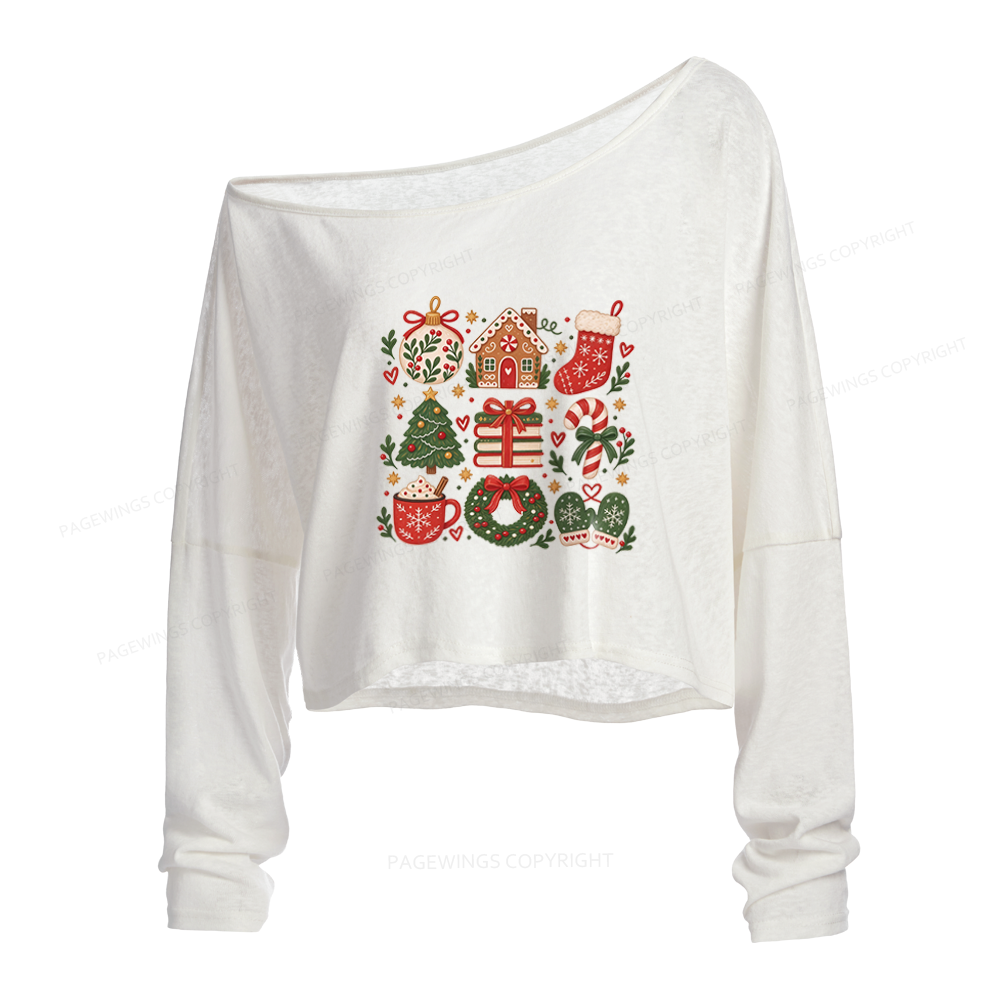 Pagewings Christmas Gift Slouchy Long Sleeve Off Shoulder T-shirt