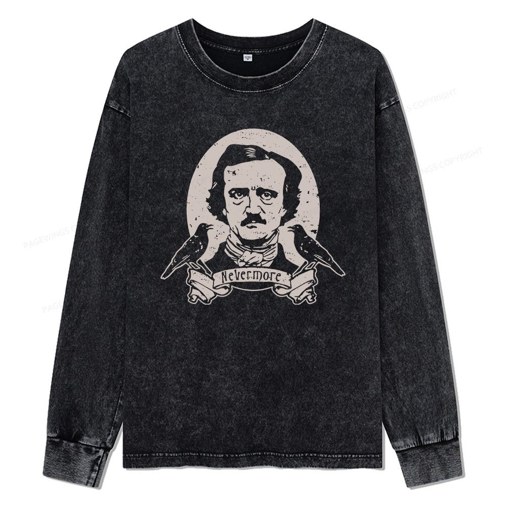 Pagewings Never More Edgar Allan Poe And The Raven Unisex Washed Long Sleeve T-shirt