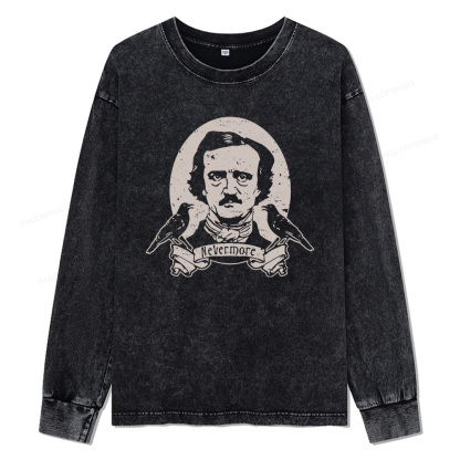 Pagewings Never More Edgar Allan Poe And The Raven Unisex Washed Long Sleeve T-shirt