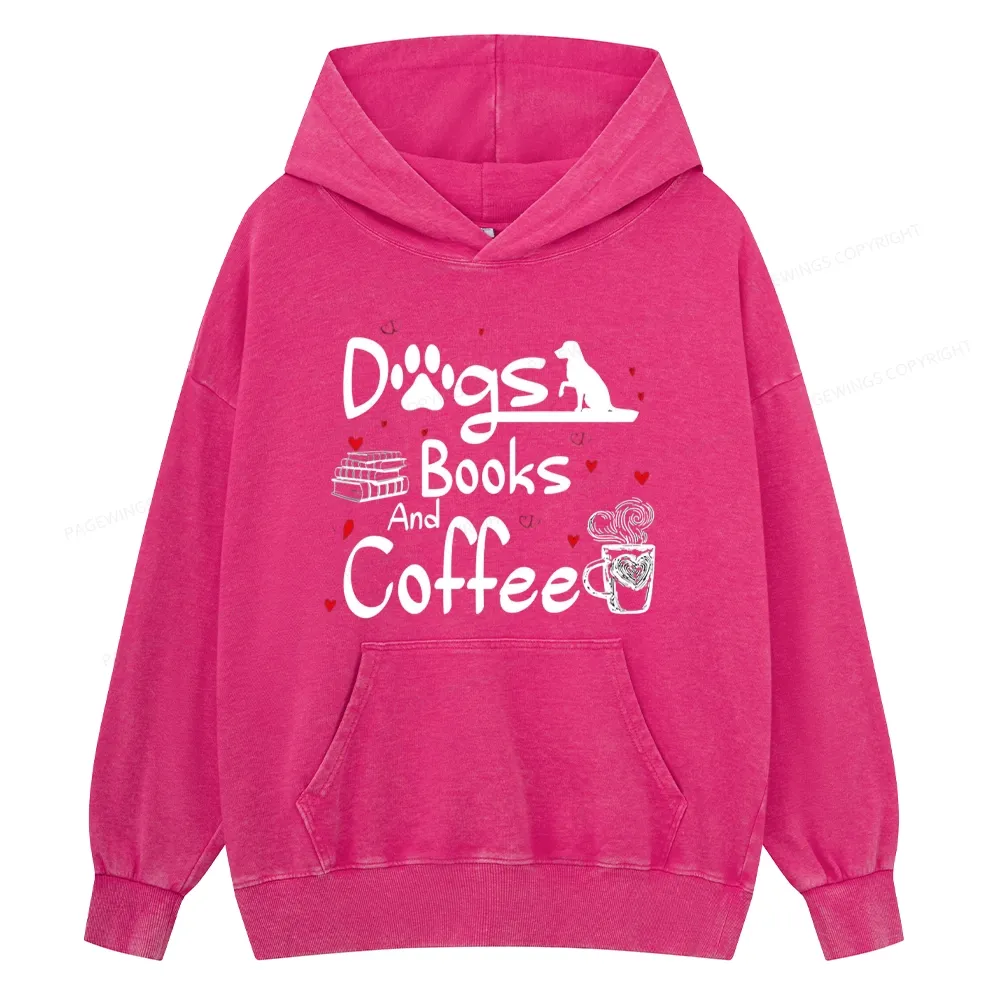 Pagewings Dogs Books And Coffee Unisex Washed Hoodie