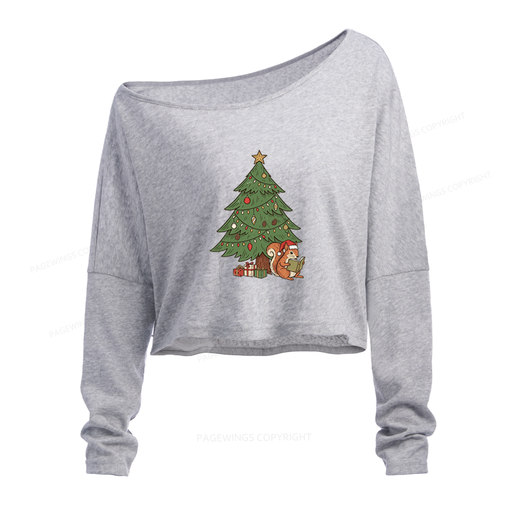 Pagewings Christmas Reading Slouchy Long Sleeve Off Shoulder T-shirt