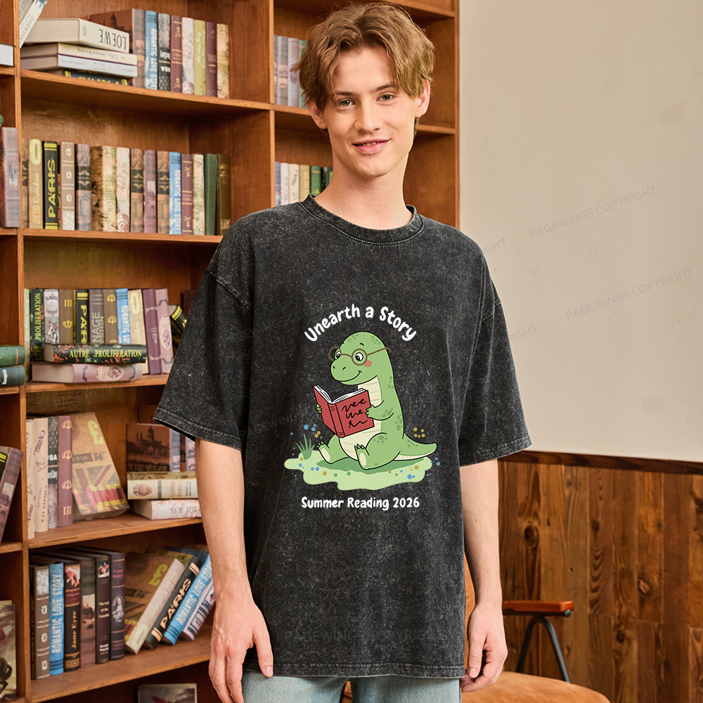 Pagewings Unearth A Story Dinosaur Summer Reading Unisex Washed T-shirt