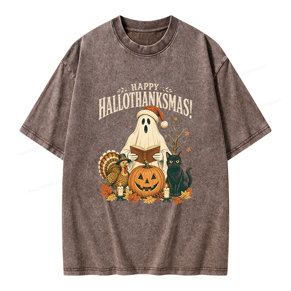 Pagewings Happy Hallothanksmas Unisex Washed T-shirt