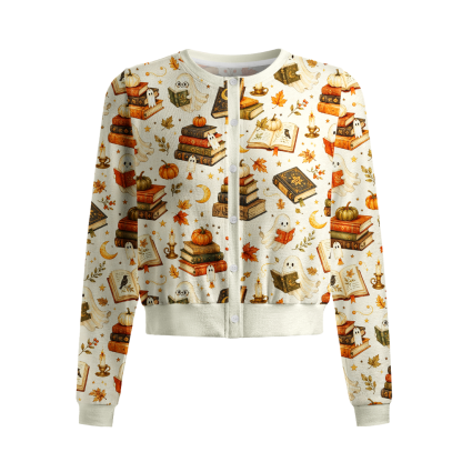 Pagewings Halloween Bookish Crew Neck Cardigan Sweaters