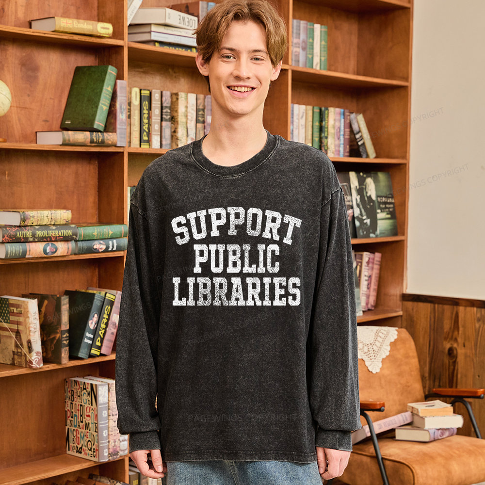 Pagewings Support Public Libraries Unisex Washed Long Sleeve T-shirt