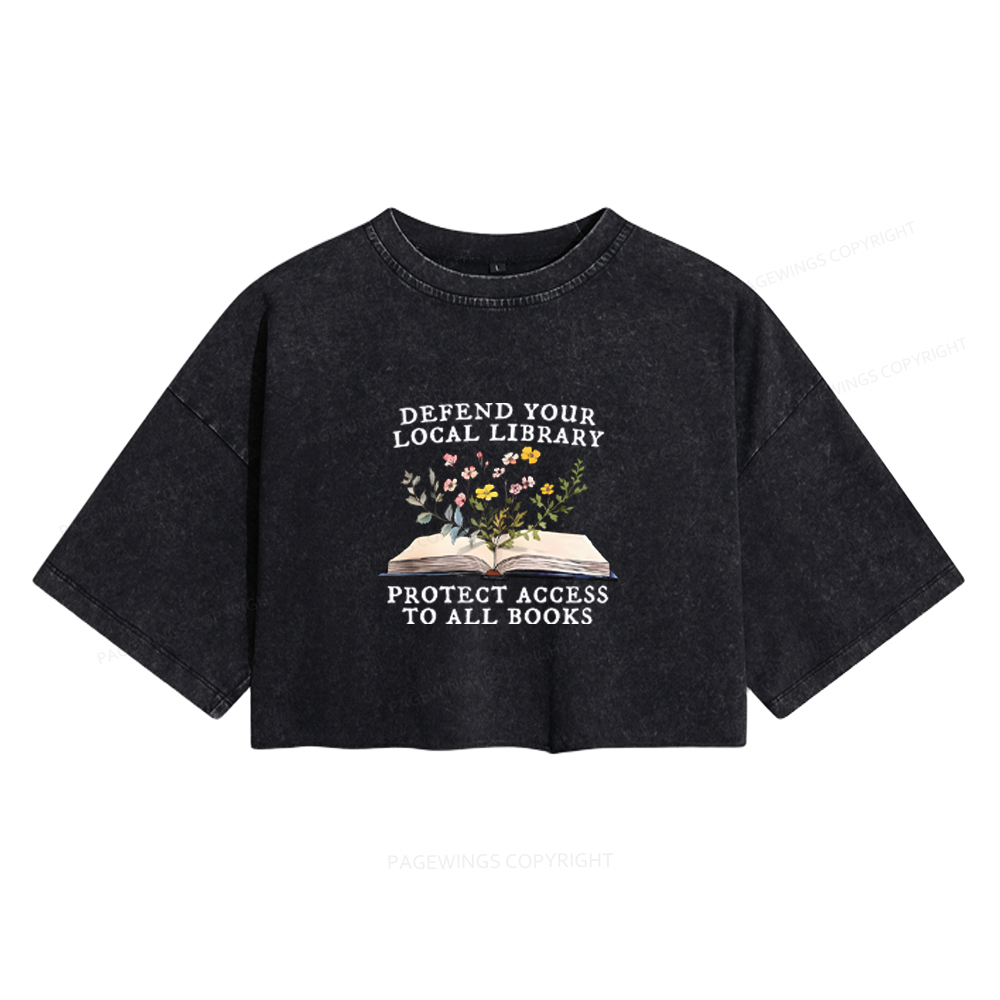 Pagewings Books Save Lives Protect Libraries Women's Washed Cropped T-shirt