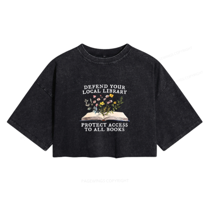 Pagewings Books Save Lives Protect Libraries Women's Washed Cropped T-shirt