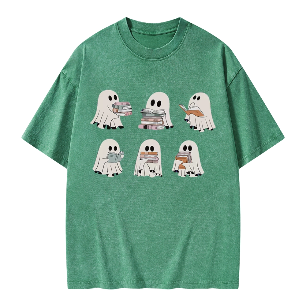 Pagewings Ghost Reading Halloween Unisex Washed T-shirt