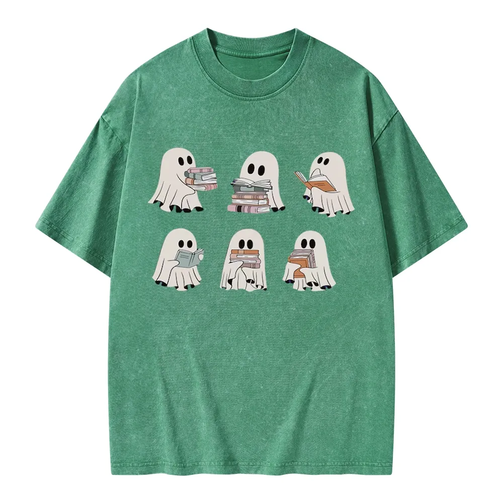 Pagewings Ghost Reading Halloween Unisex Washed T-shirt