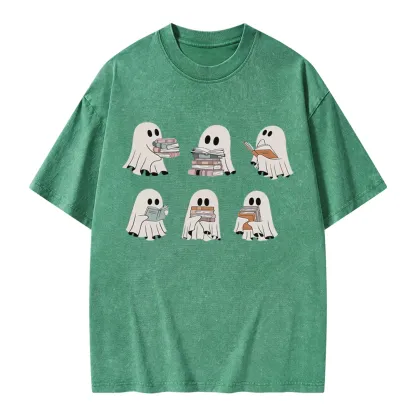 Pagewings Ghost Reading Halloween Unisex Washed T-shirt