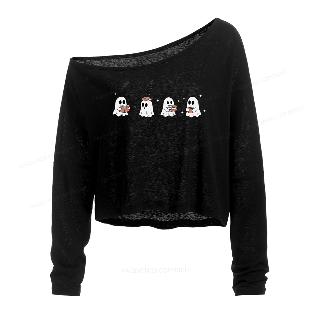 Pagewings Bookish Ghost Slouchy Long Sleeve Off Shoulder T-shirt