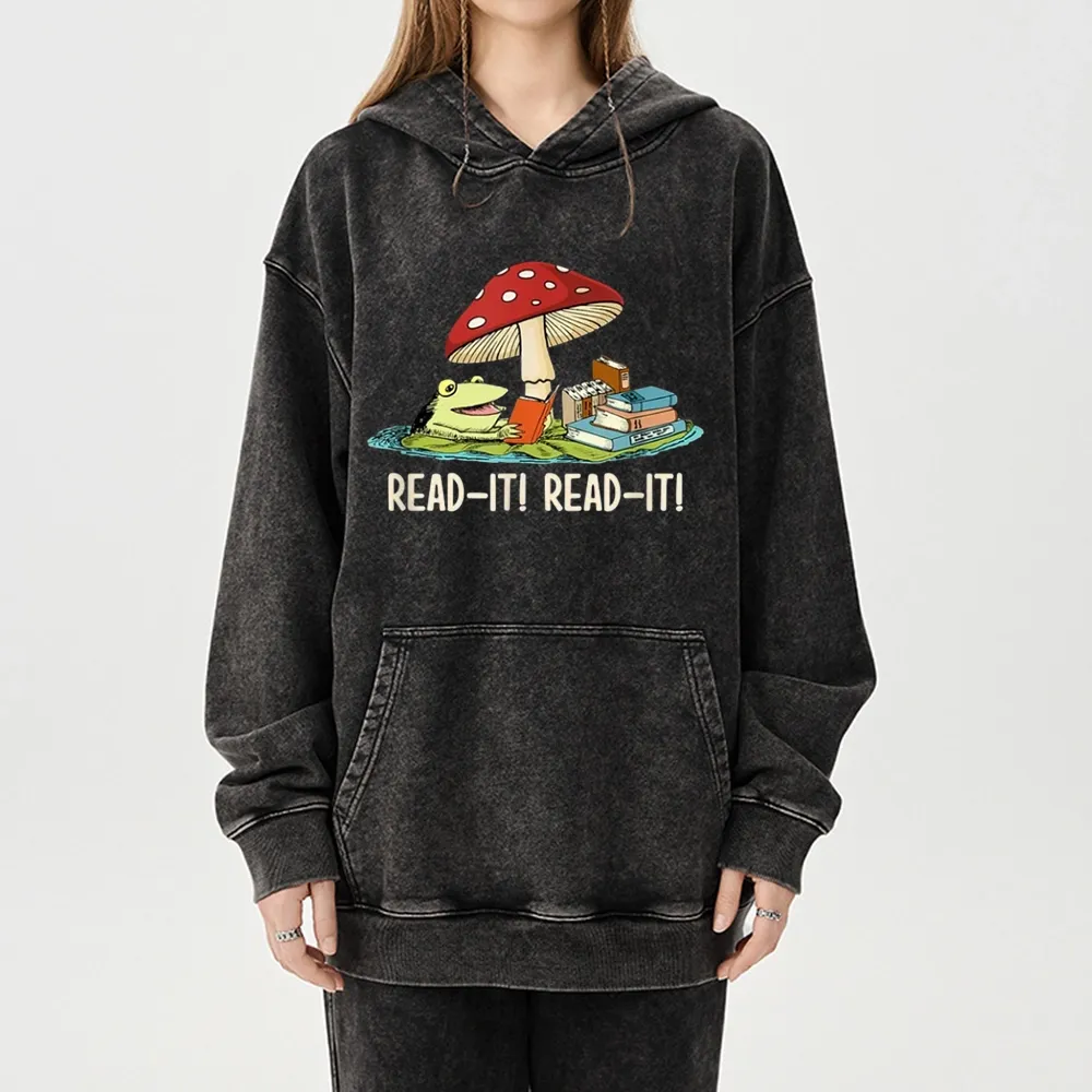 Pagewings Mushroom Read it Book Unisex Washed Hoodie