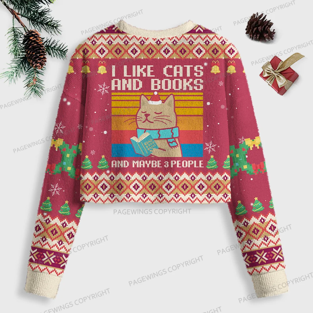 Pagewings I Like Cats And Books And Maybe 3 People Women Ugly Crop Sweatshirt