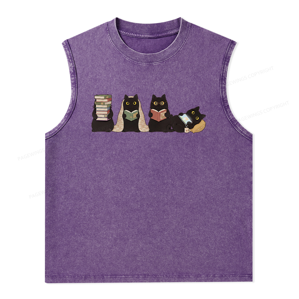 Pagewings Black Cats Reading Unisex Washed T-shirt Unisex Washed Tank Top