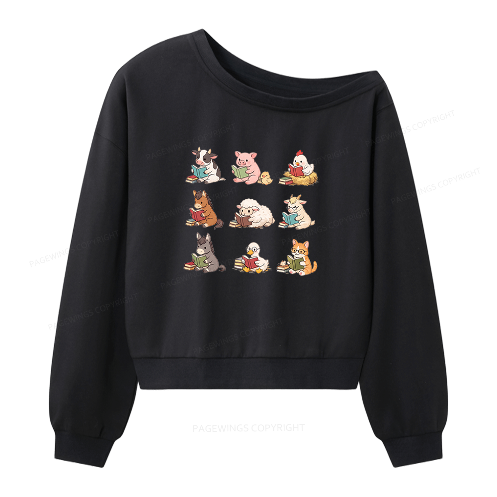 Pagewing Farm Animals Reading Women Off Shoulder Sweatshirt