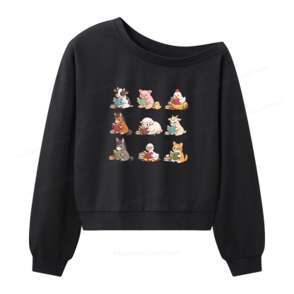 Pagewing Farm Animals Reading Women Off Shoulder Sweatshirt