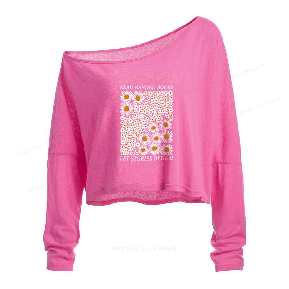 Pagewings Read Banned Books Slouchy Long Sleeve Off Shoulder T-shirt