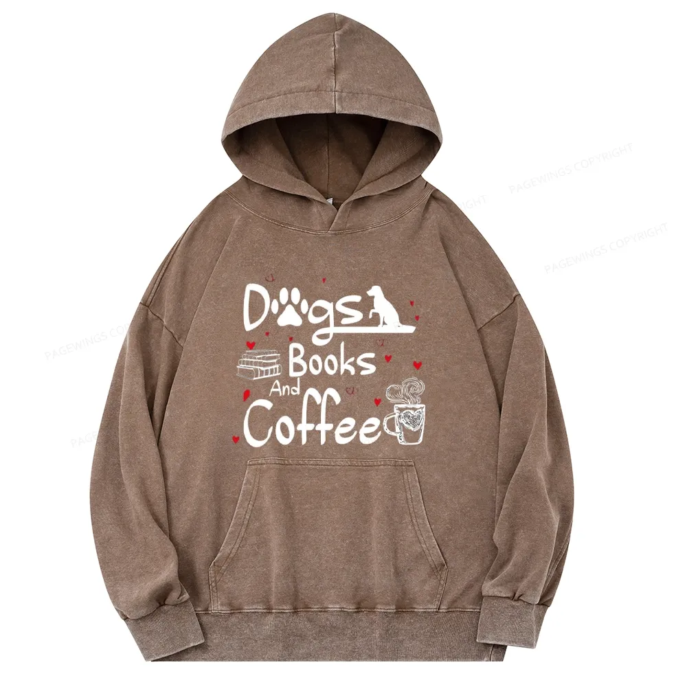 Pagewings Dogs Books And Coffee Unisex Washed Hoodie