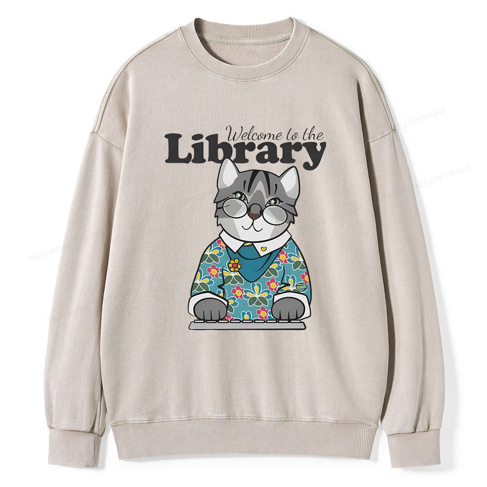 Pagewings Welcome to the Library Cat Unisex Washed Sweatshirt