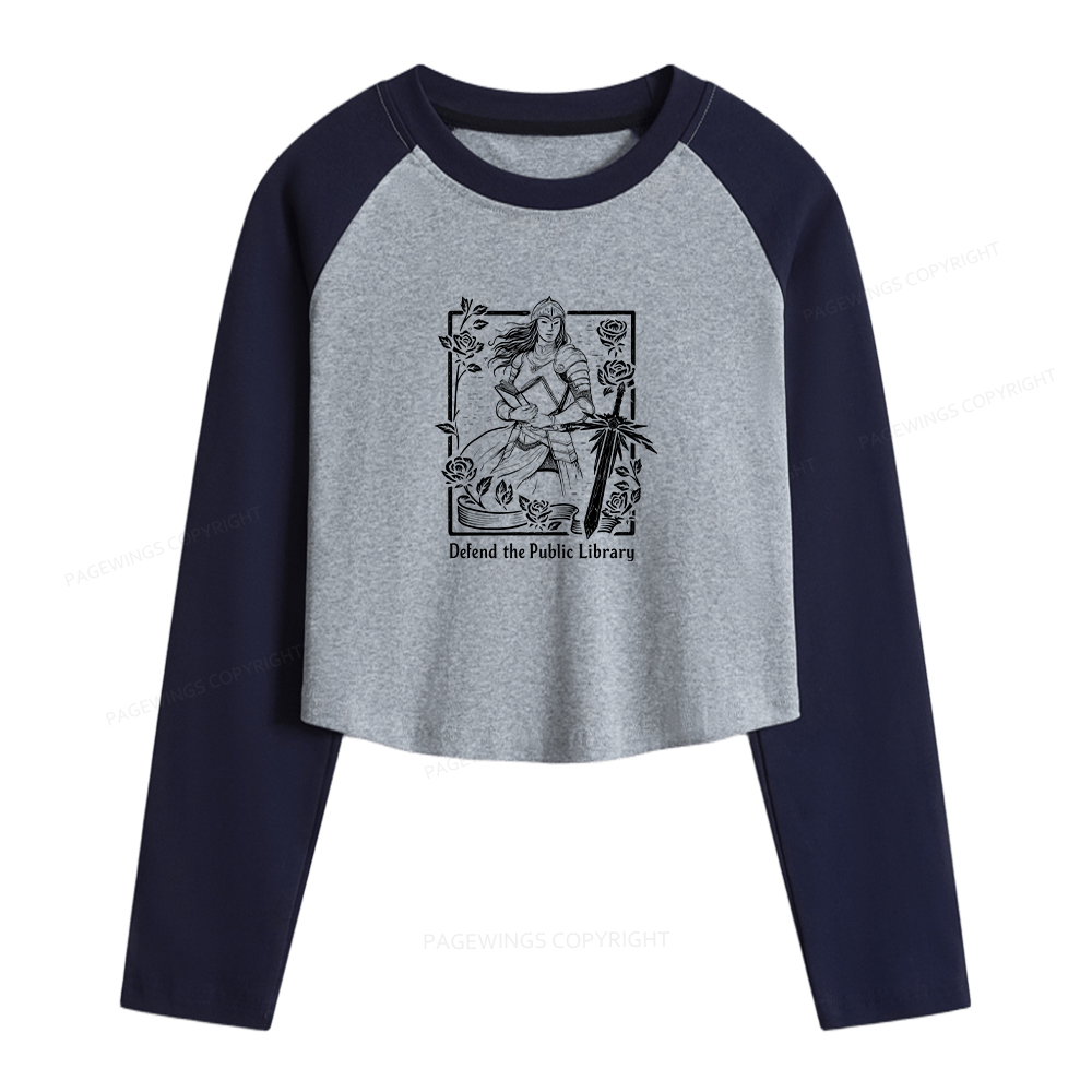 Pagewings Defend The Public Library Women Long Sleeve Crop Raglan T-shirt
