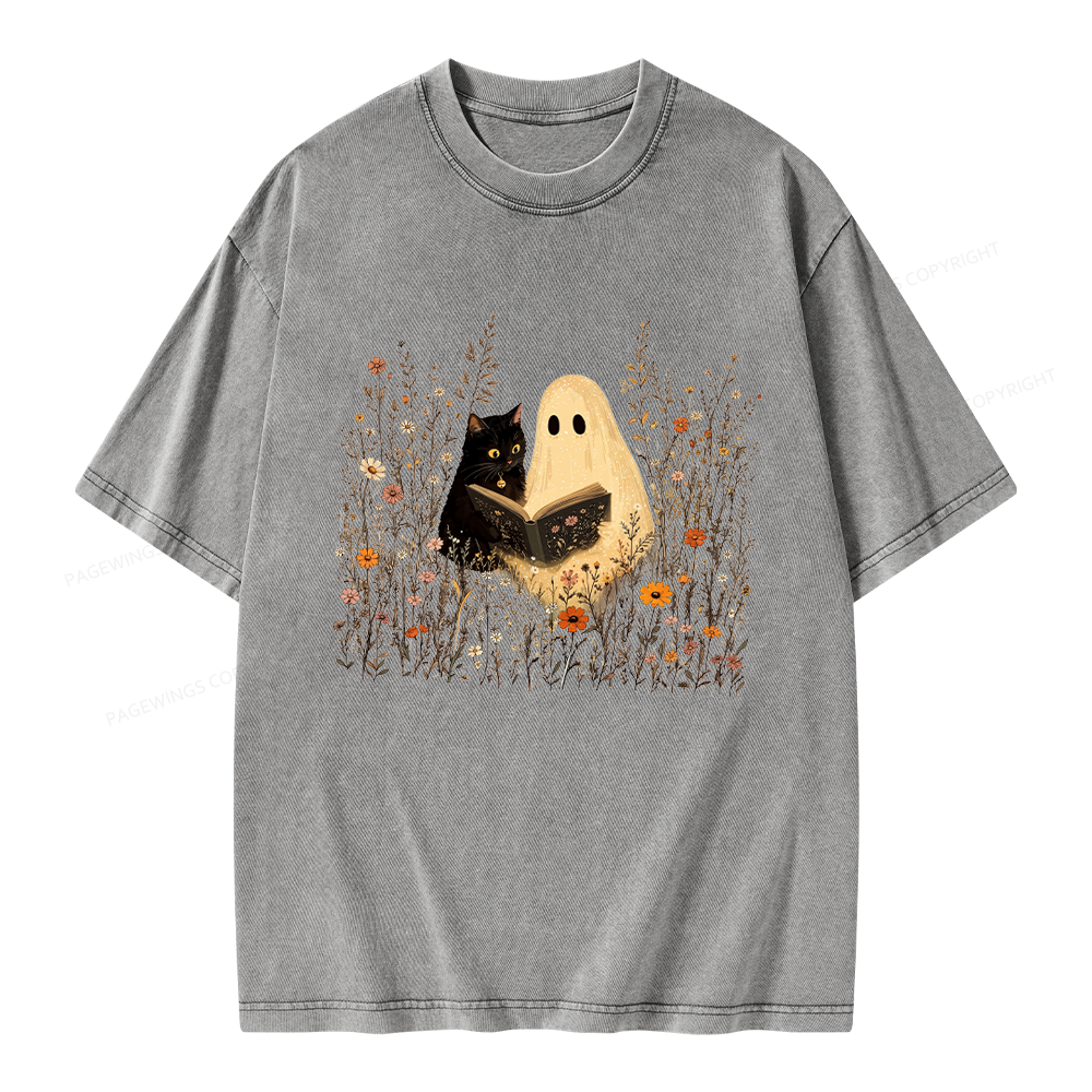 Pagewings Ghost Black Cat Reading Unisex Washed T-shirt