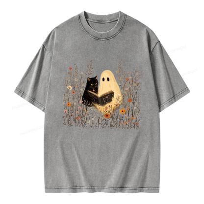 Pagewings Ghost Black Cat Reading Unisex Washed T-shirt