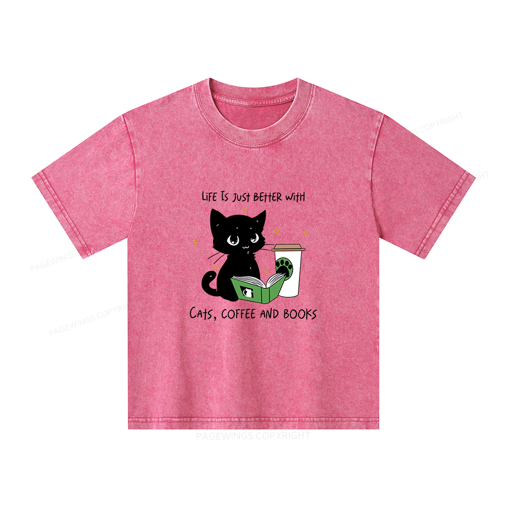 Pagewings Cats Coffee And Books Unisex Kids Washed T-shirt