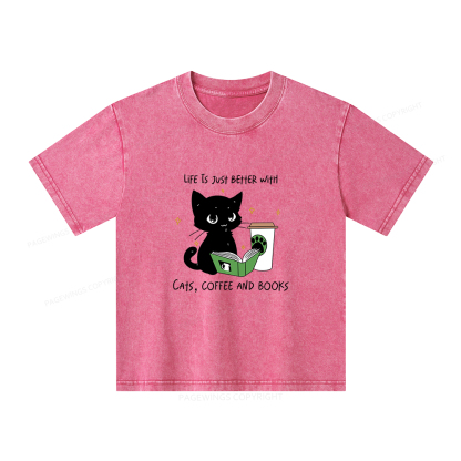 Pagewings Cats Coffee And Books Unisex Kids Washed T-shirt
