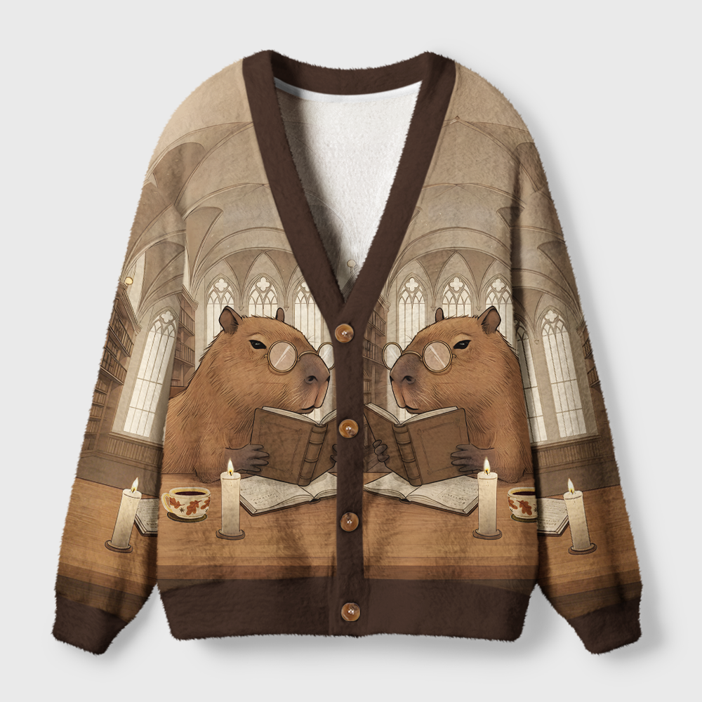Pagewings Capybara Reading Light Knit Unisex Cardigan Sweaters