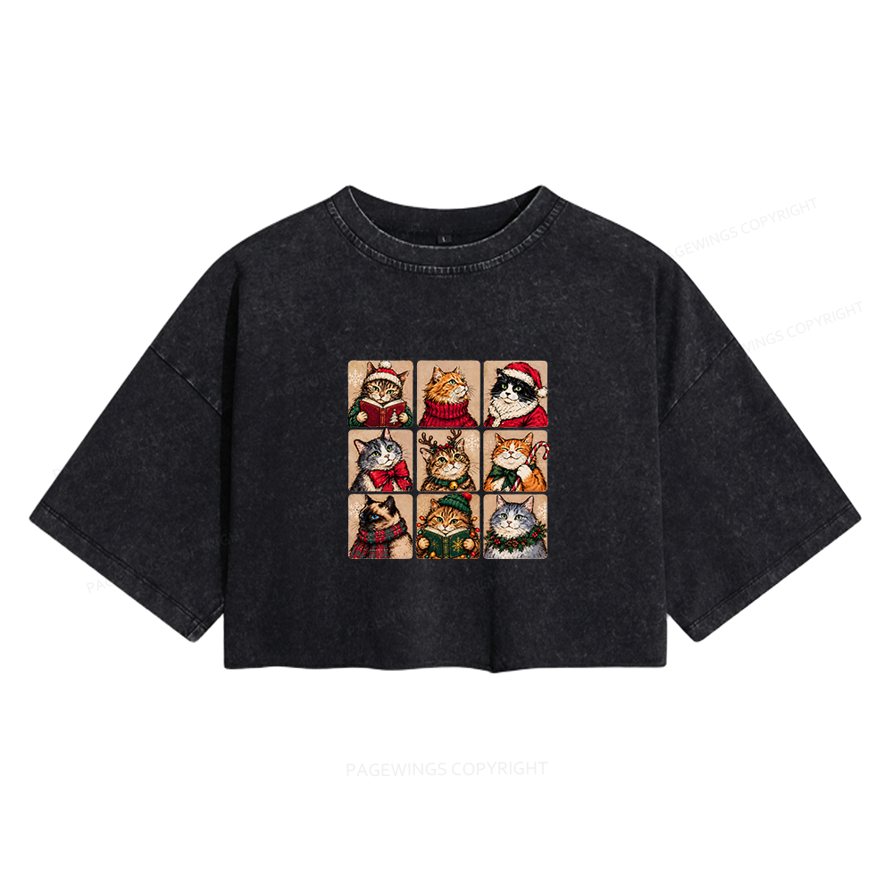 Pagewings Christmas Cats Women's Washed Cropped T-shirt