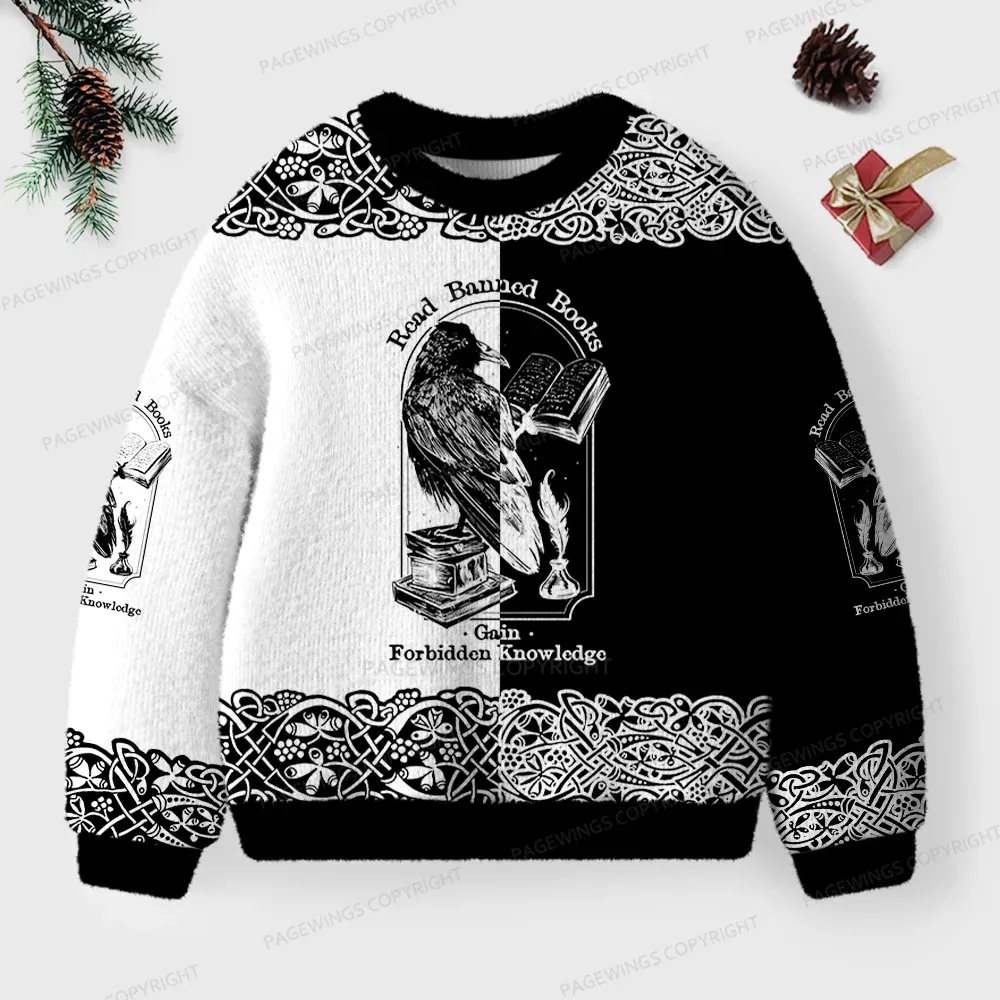 Pagewings Read Banned Books Gain Forbidden Knowledge Unisex Ugly Knit Sweatshirt