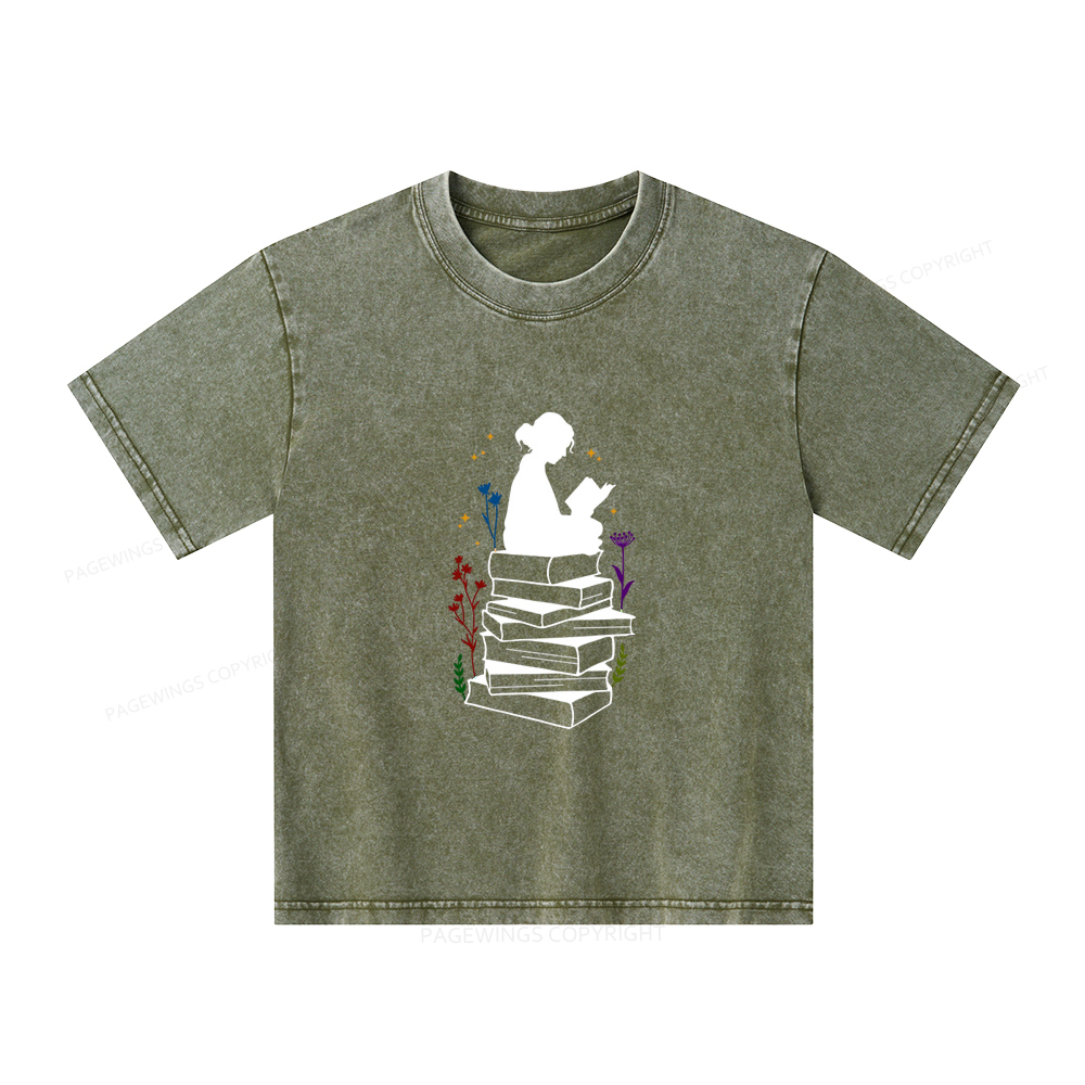 Pagewings Girl Reading Unisex Kids Washed T-shirt