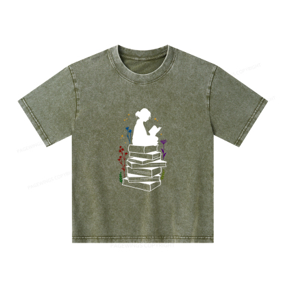 Pagewings Girl Reading Unisex Kids Washed T-shirt